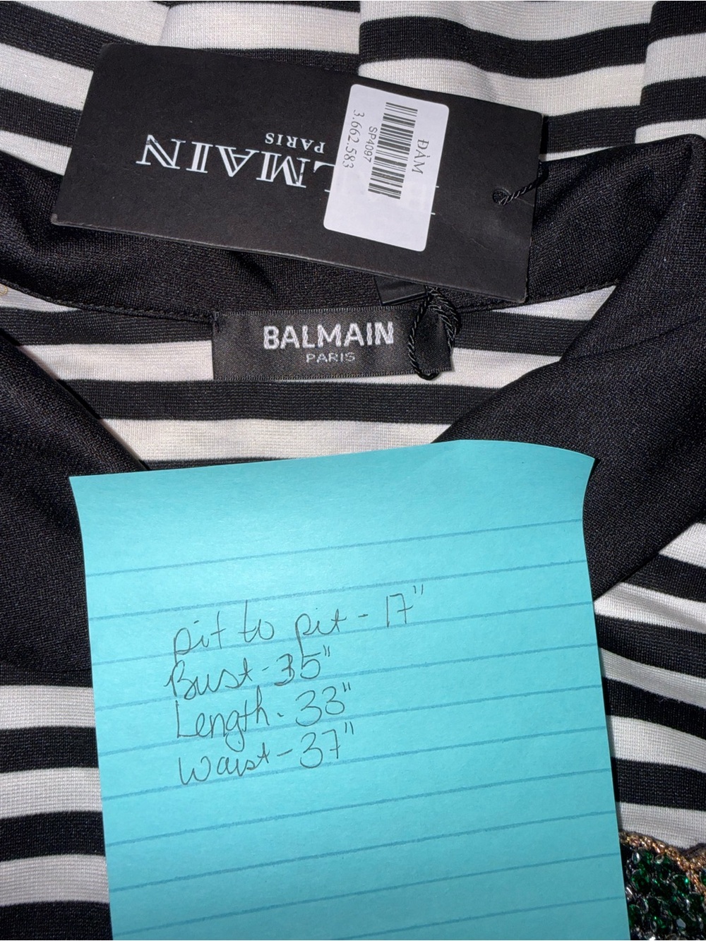 1422-Balmain Black and White Striped Polo Dress with Embellished Crest - Picture 4 of 4